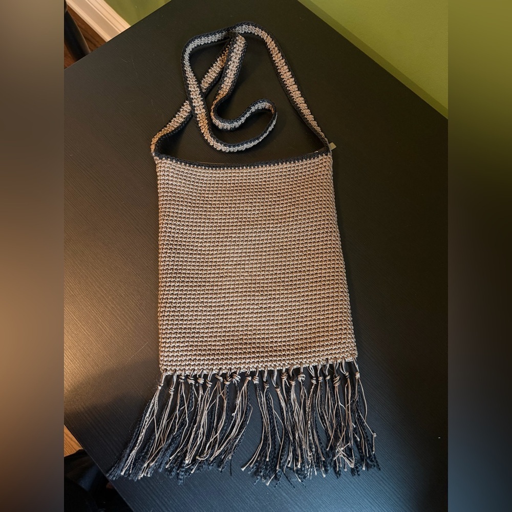 Woven Fringe Crossbody Bag in Beige and Black